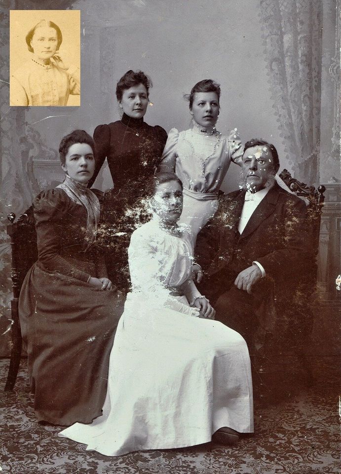 Before: Family portrait with flaking and stains, Sweden, 1890s