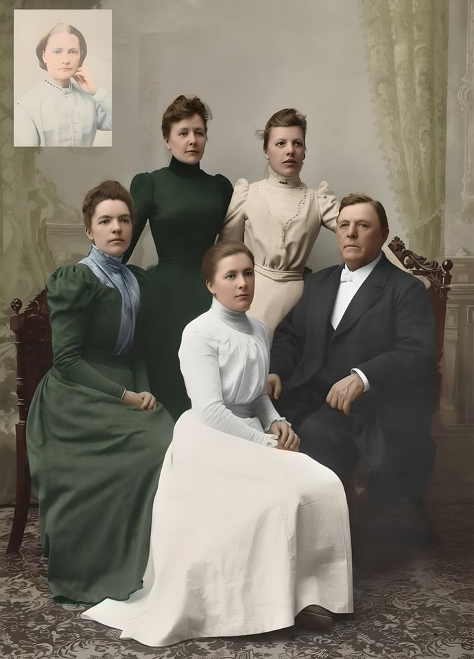 Restored: Family portrait with flaking and stains, Sweden, 1890s